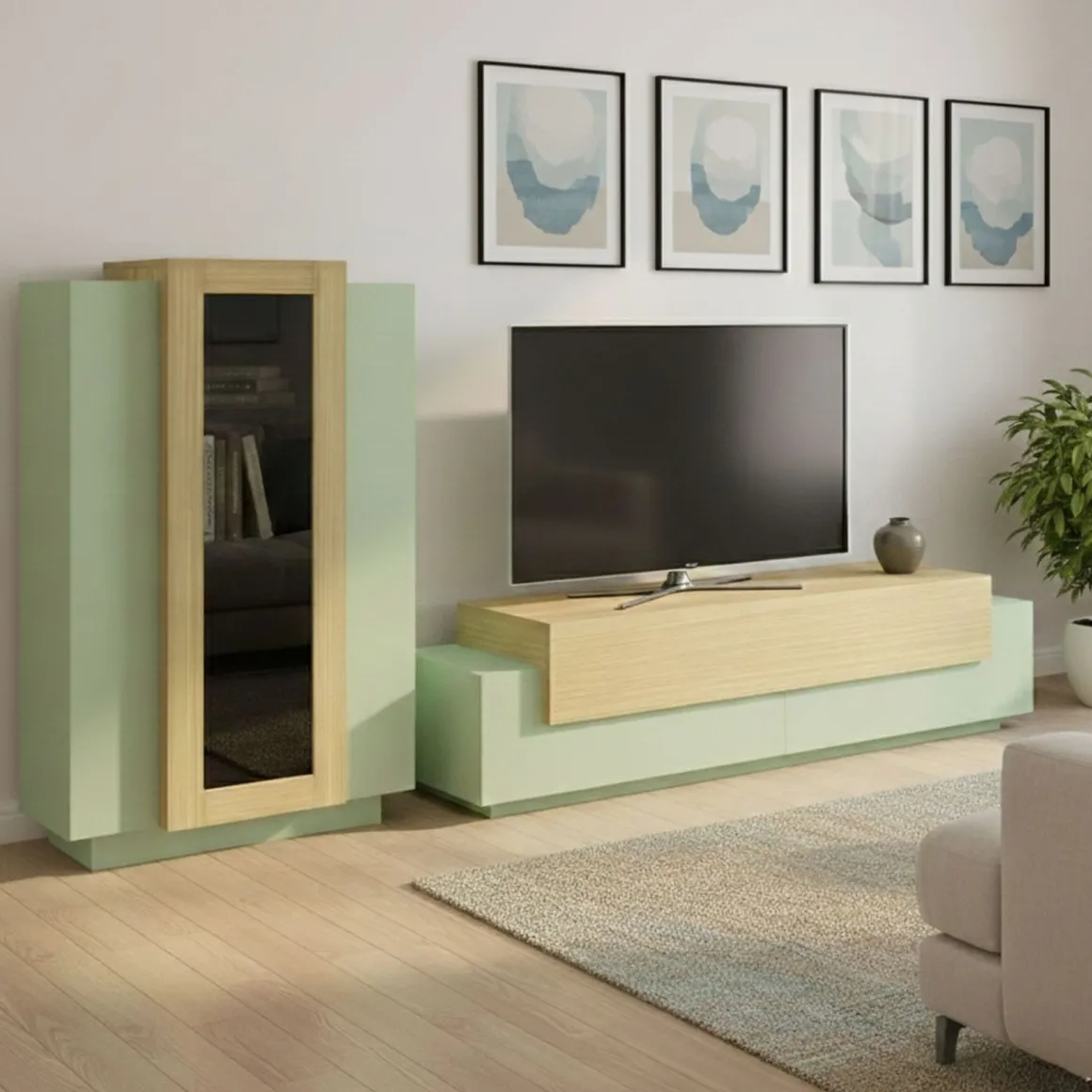 Parete Attrezzata Verde Modulabile 10 Ripiani 280x45x120.5h cm, Apertura a Ribalta, Battente - Lazzate