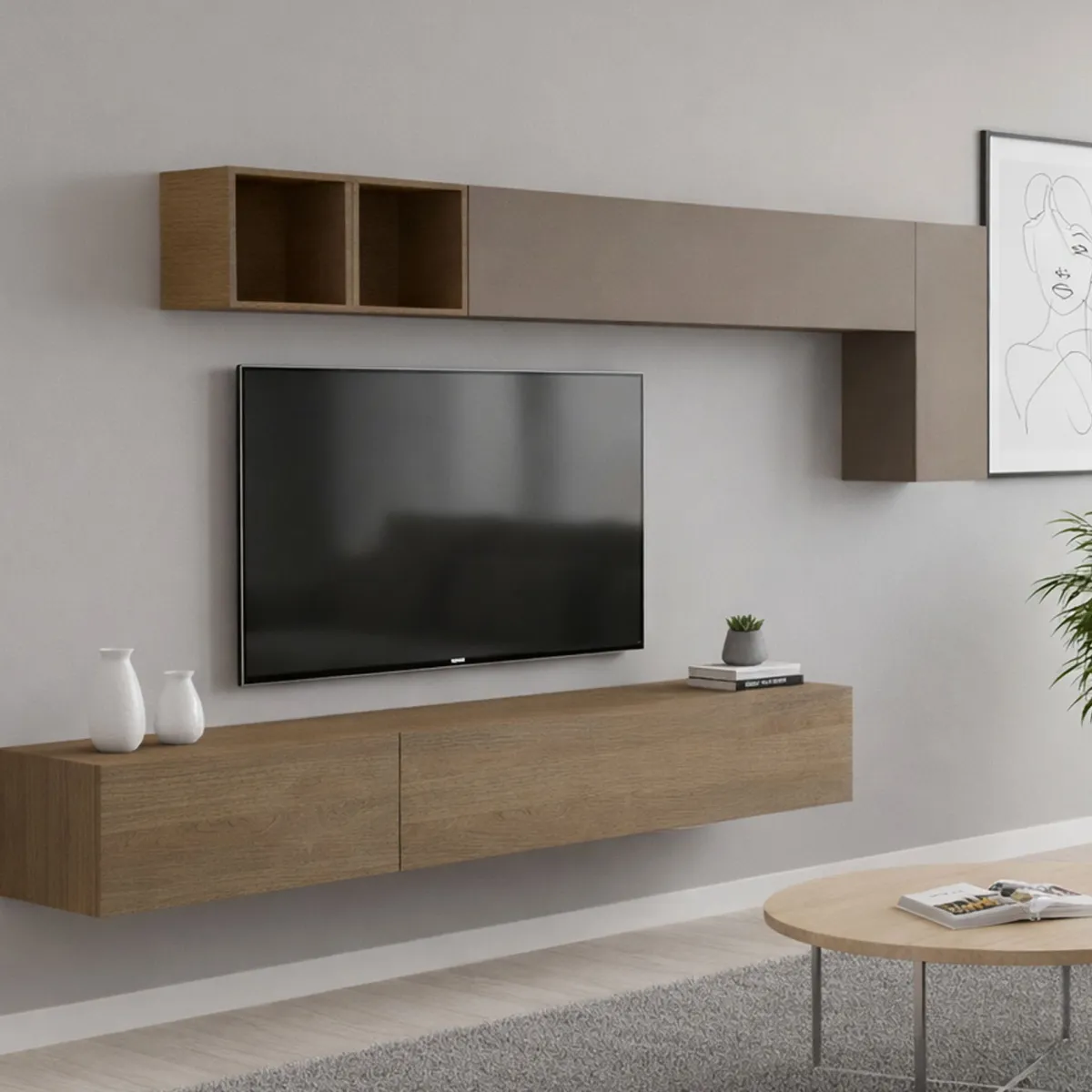 Pareti Attrezzate > Dmora Parete salotto 5 ante 276cm bronzo e noce - Barumini Marrone Noce, Marrone Bronzo