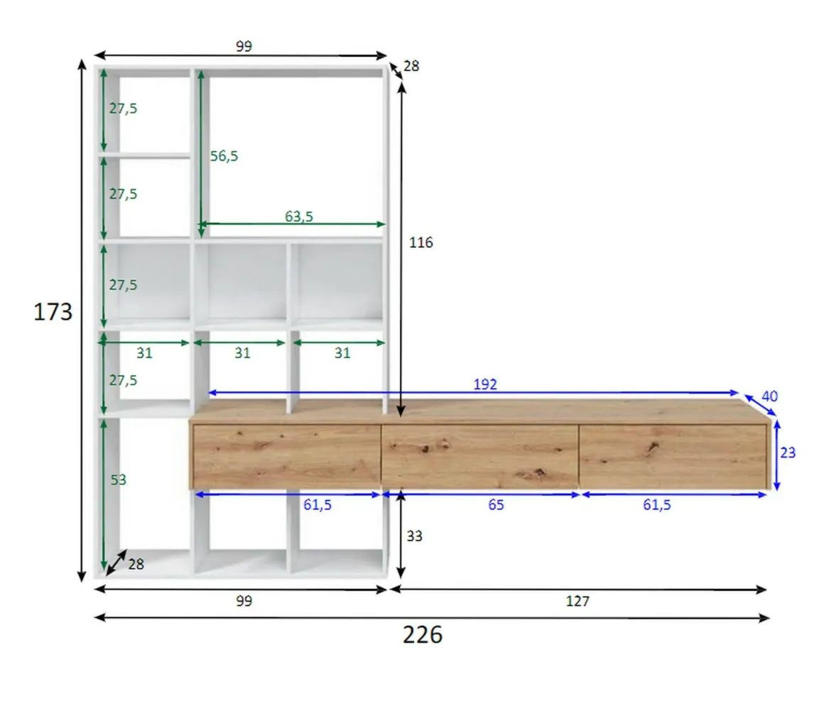 Parete salotto in legno 226cm bianca e legno - Bellusco