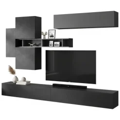 Parete salotto in legno e metallo 276cm ardesia e grigia scuro - Nate