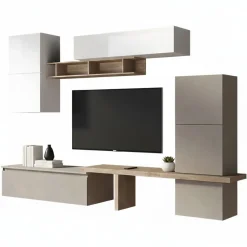 Parete salotto in legno e metallo 290cm bianca lucida e rovere - Tammy