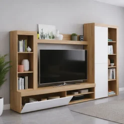 Parete salotto moderna 240cm bianca e rovere - Neera