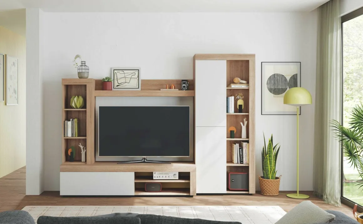 Parete salotto moderna 240cm bianca e rovere - Neera