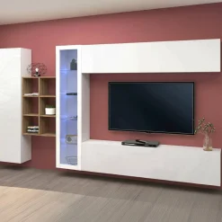 Salotto|Pareti Attrezzate > Dmora Parete salotto moderna 280cm bianca lucida e acero - Alessano Marrone Acero, Bianco Lucido
