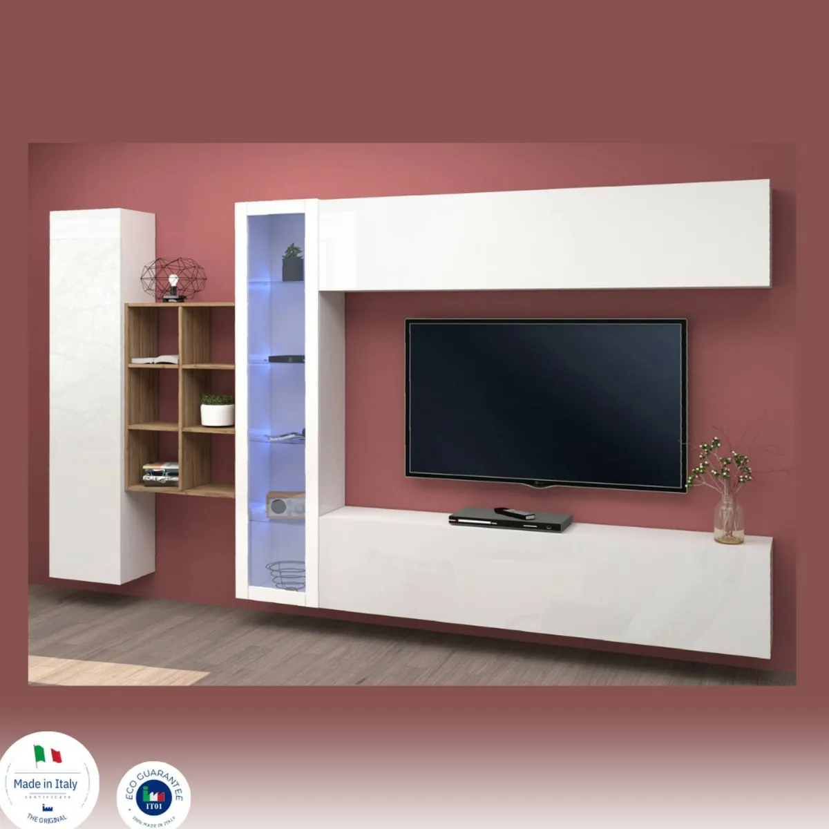 Salotto|Pareti Attrezzate > Dmora Parete salotto moderna 280cm bianca lucida e acero - Alessano Marrone Acero, Bianco Lucido