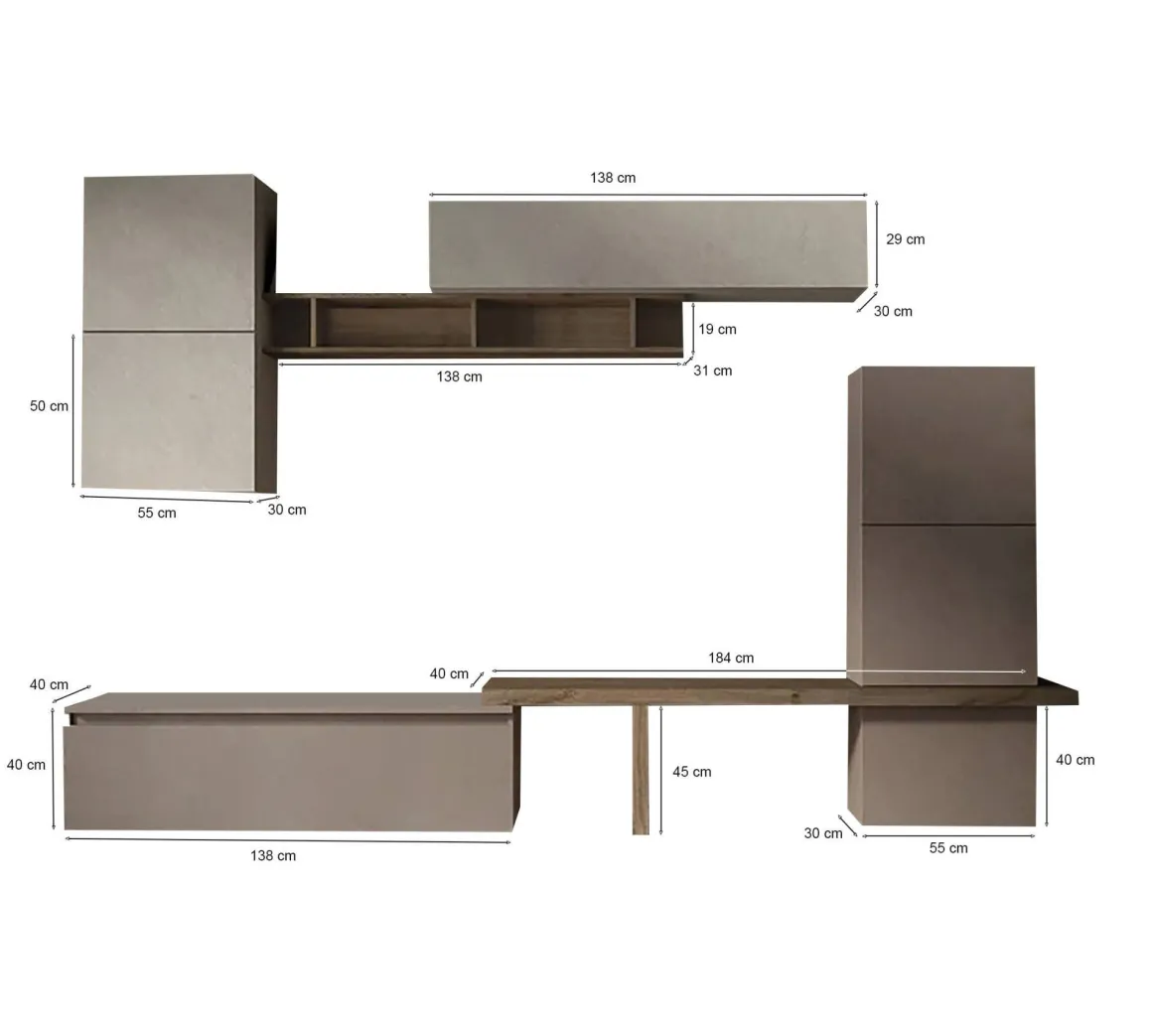 Parete salotto moderna 290cm bronzo e grigia - Tammy