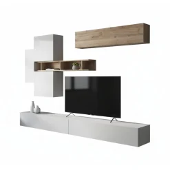 Pareti Attrezzate > Dmora Parete salotto modulabile 276cm bianca lucida e rovere - Nate Marrone Rovere, Bianco Lucido