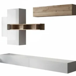 Pareti Attrezzate > Dmora Parete salotto modulabile 276cm bianca lucida e rovere - Nate Marrone Rovere, Bianco Lucido