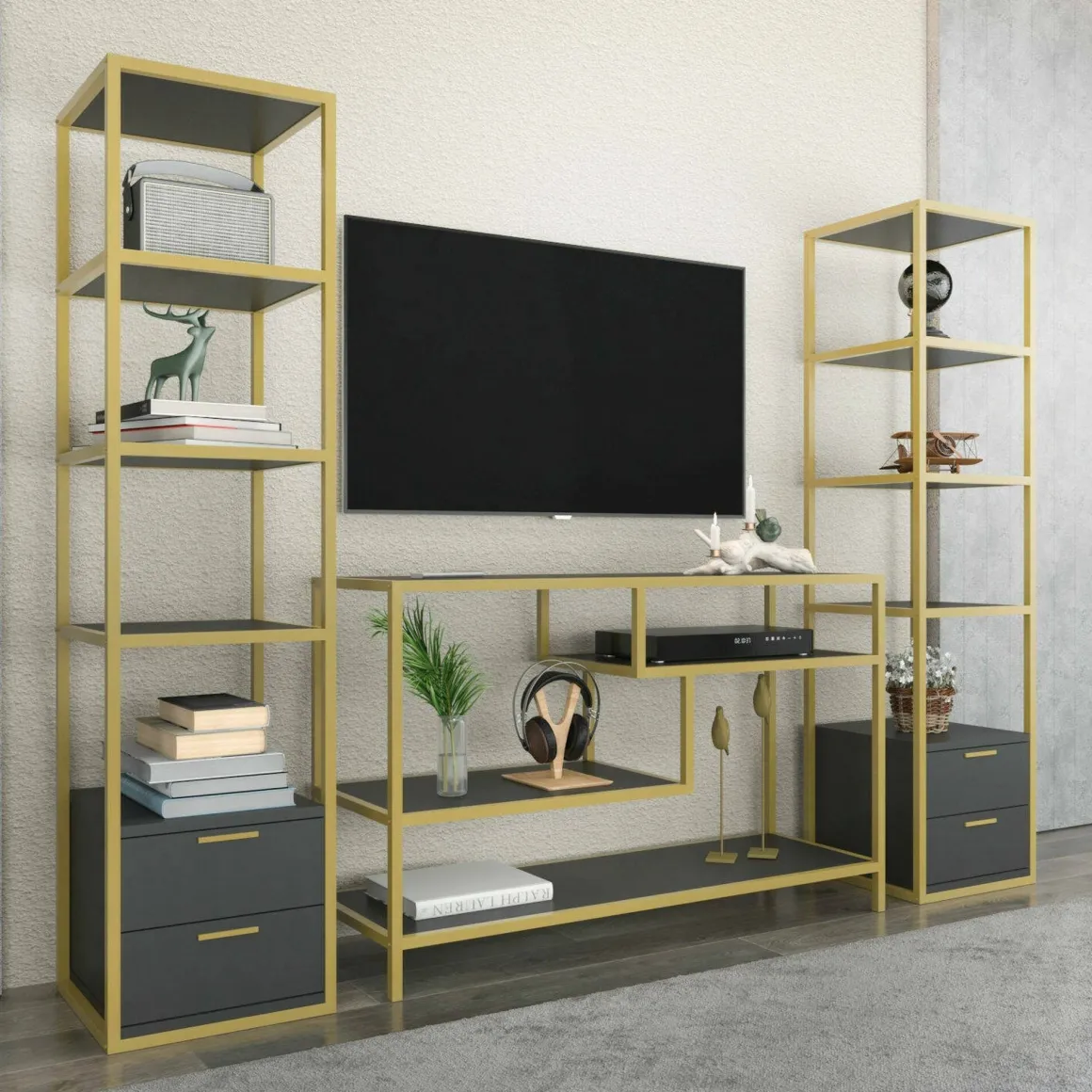 Parete salotto multifunzione 198cm oro e antracite - Felion