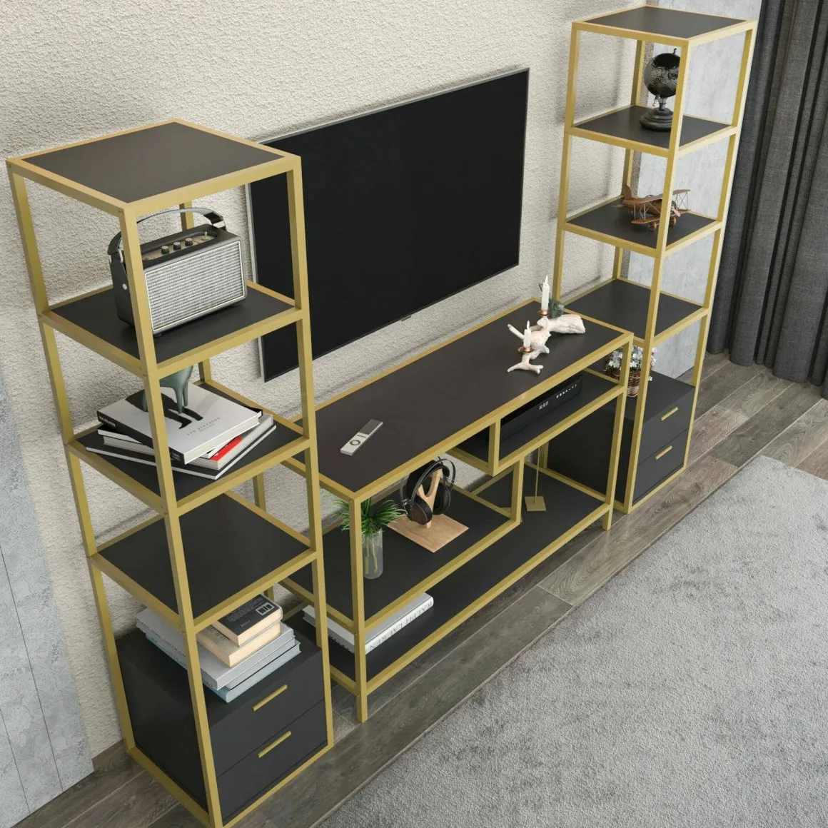 Parete salotto multifunzione 198cm oro e antracite - Felion