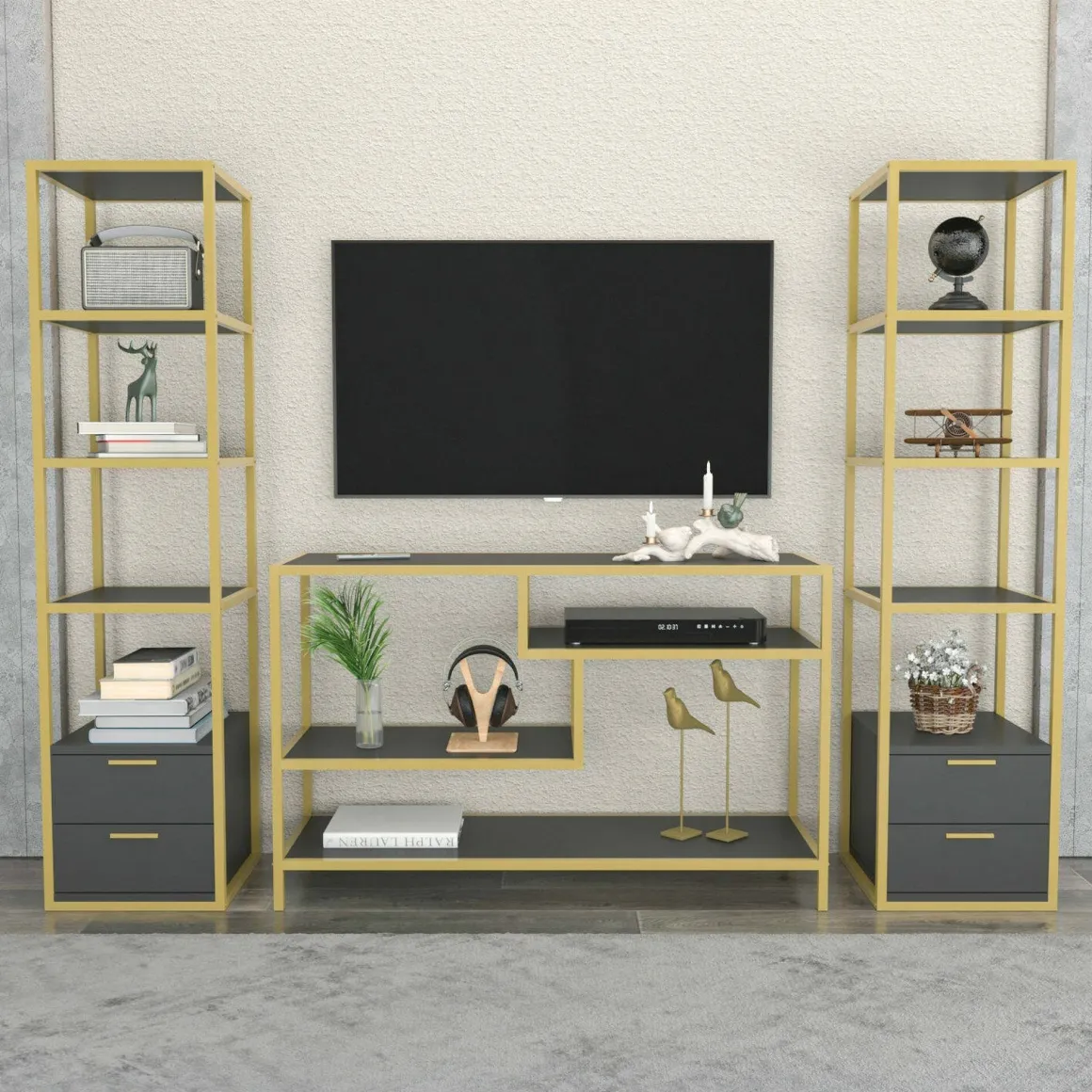 Parete salotto multifunzione 198cm oro e antracite - Felion