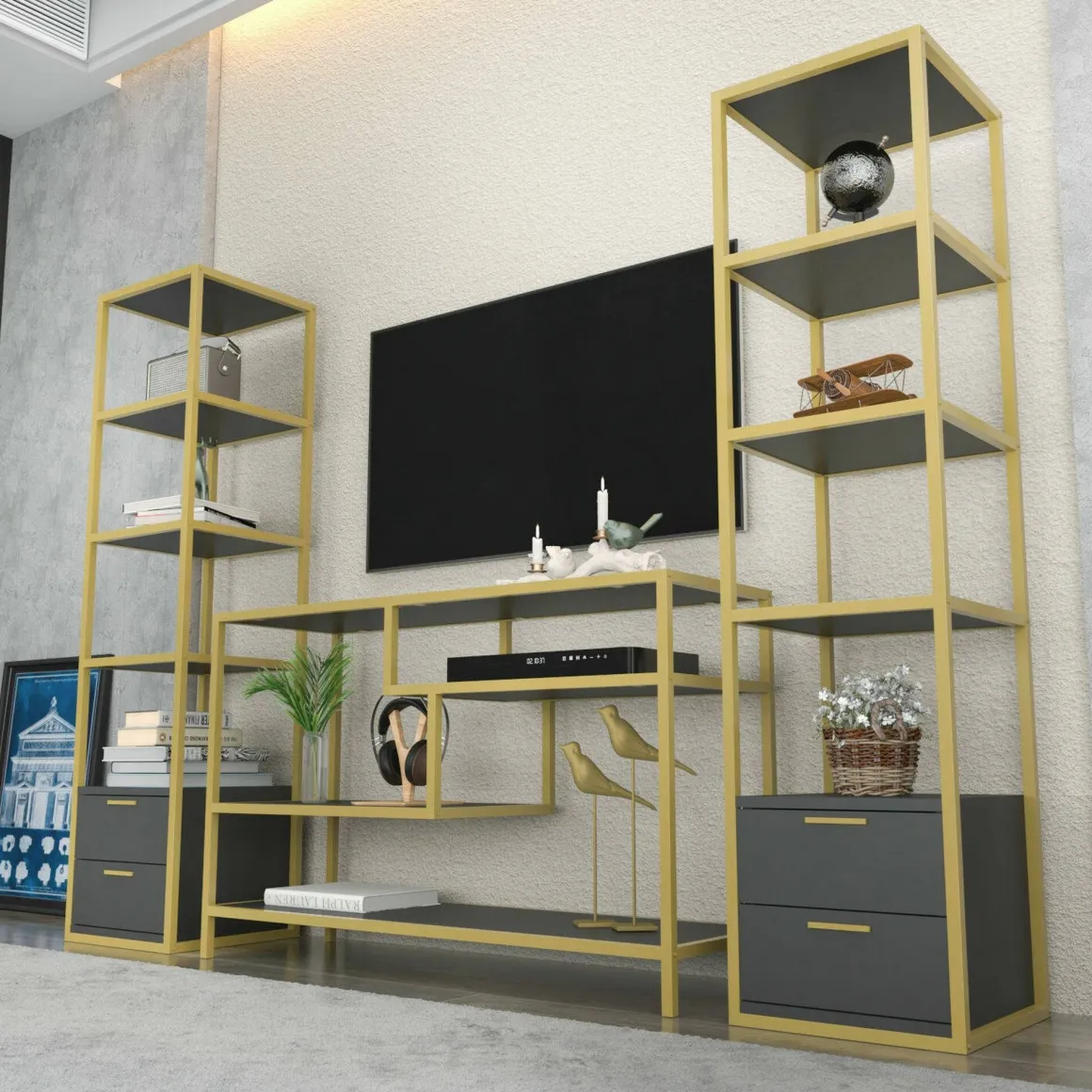 Parete salotto multifunzione 198cm oro e antracite - Felion
