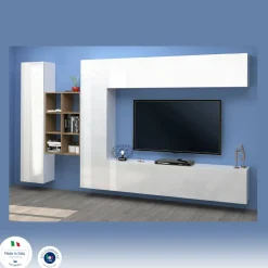 Parete salotto multifunzione 280cm bianca lucida e acero - Agna