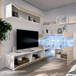 Salotto|Pareti Attrezzate > Dmora Parete soggiorno ad angolo con vetrina 260cm rovere e bianca lucida - Agio Bianco Lucido, Marrone Rovere