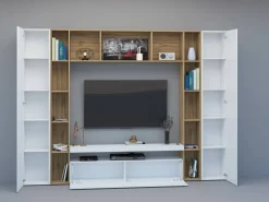 Salotto|Pareti Attrezzate > Dmora Parete soggiorno classica 270cm bianca lucida e rovere - Austis Marrone Rovere, Bianco Lucido