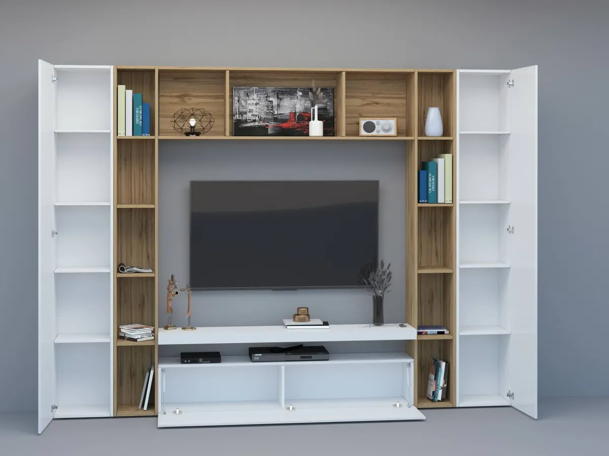 Salotto|Pareti Attrezzate > Dmora Parete soggiorno classica 270cm bianca lucida e rovere - Austis Marrone Rovere, Bianco Lucido