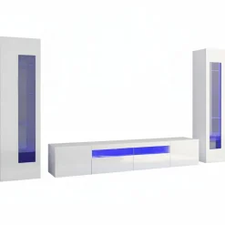 Salotto|Pareti Attrezzate > Dmora Parete soggiorno in legno e vetro 290cm bianca lucida e cemento - Andy Grigio Cemento, Bianco Lucido