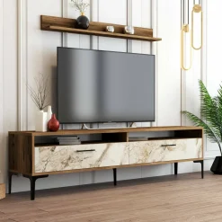 Salotto|Pareti Attrezzate > Dmora Parete soggiorno minimal 180cm noce e bianca marmo - Oho Bianco Marmo, Marrone Noce