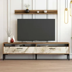 Salotto|Pareti Attrezzate > Dmora Parete soggiorno minimal 180cm noce e bianca marmo - Oho Bianco Marmo, Marrone Noce