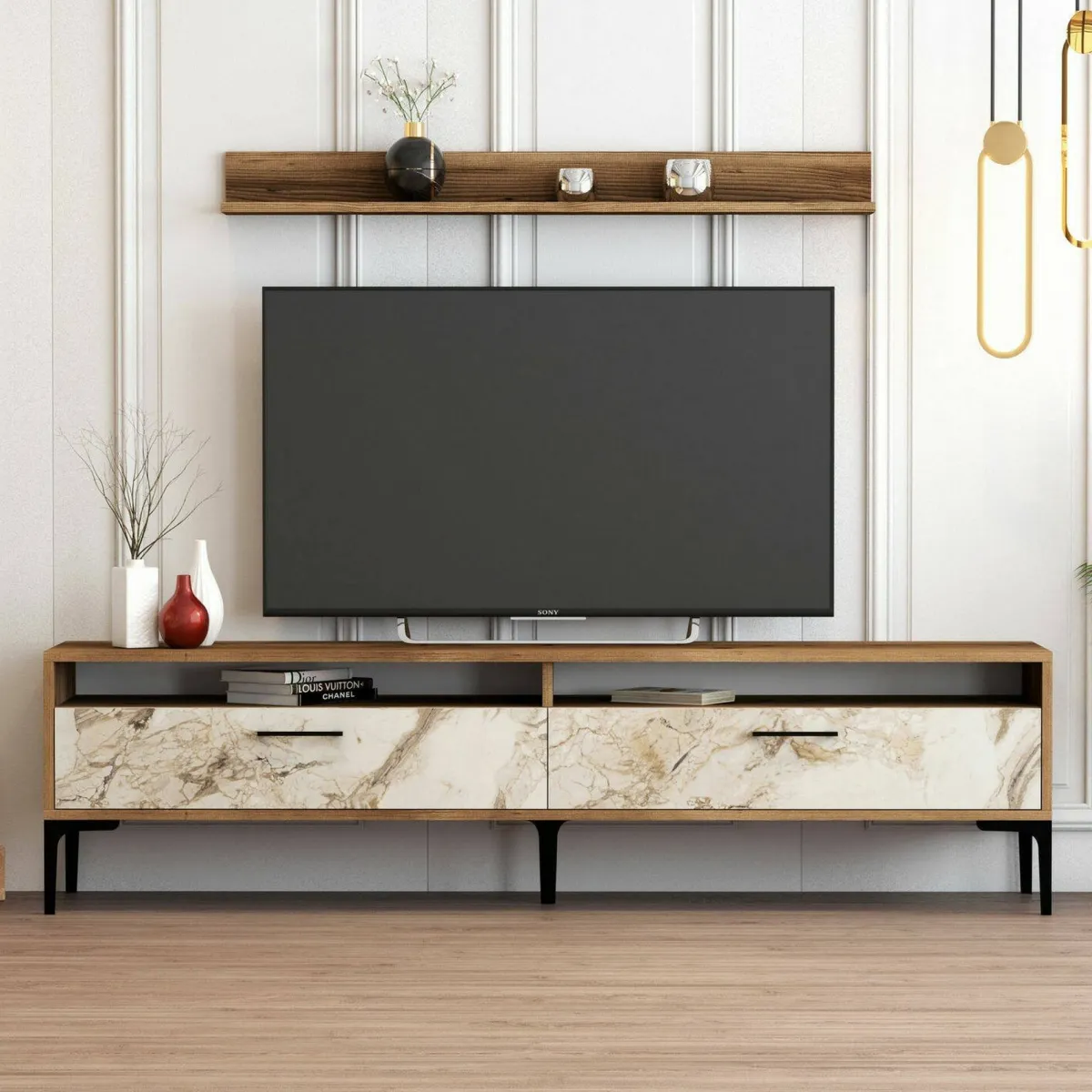Salotto|Pareti Attrezzate > Dmora Parete soggiorno minimal 180cm noce e bianca marmo - Oho Bianco Marmo, Marrone Noce