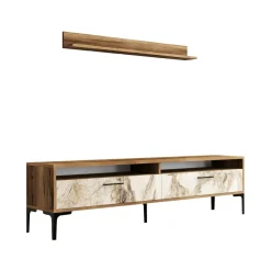 Salotto|Pareti Attrezzate > Dmora Parete soggiorno minimal 180cm noce e bianca marmo - Oho Bianco Marmo, Marrone Noce