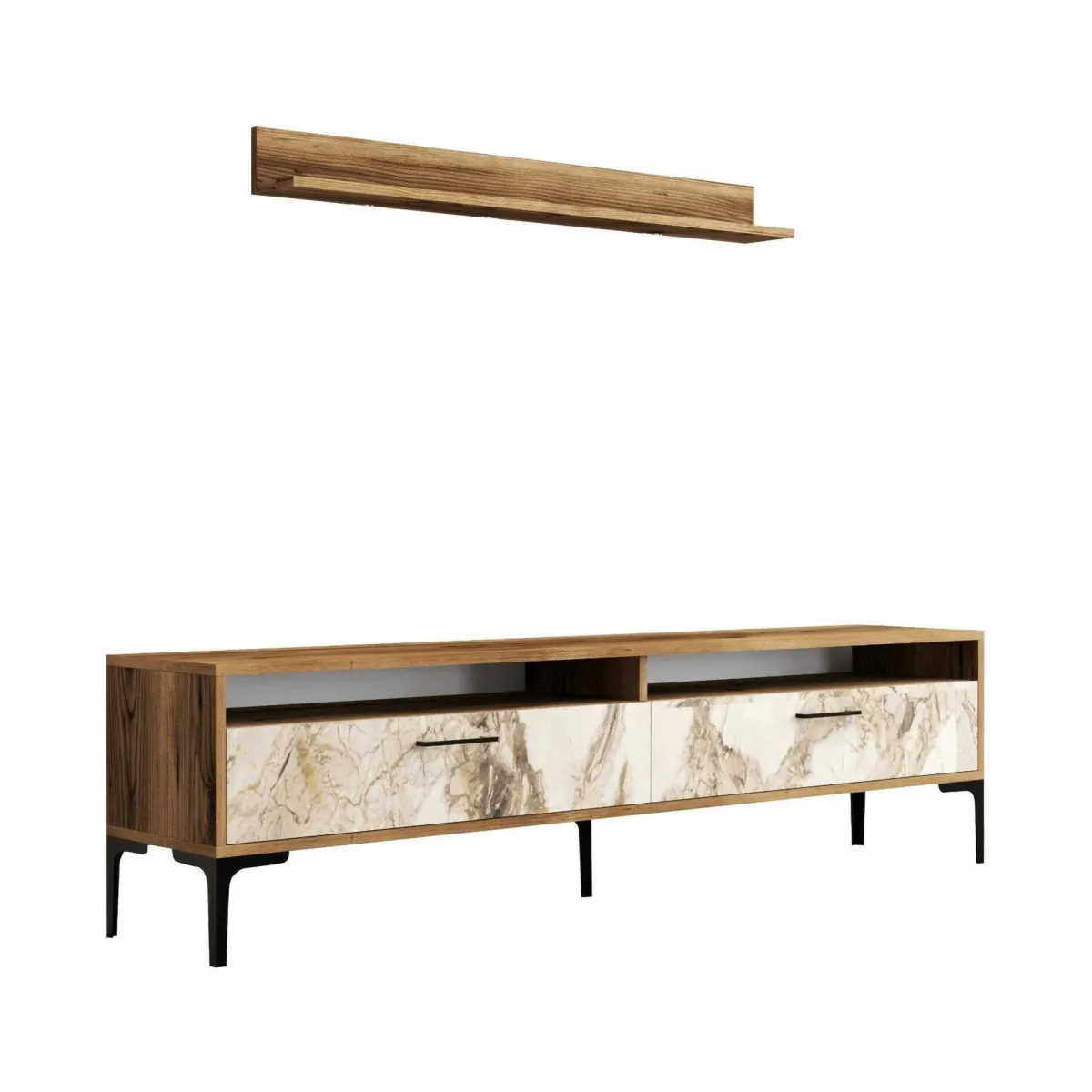 Salotto|Pareti Attrezzate > Dmora Parete soggiorno minimal 180cm noce e bianca marmo - Oho Bianco Marmo, Marrone Noce
