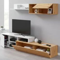 Salotto|Pareti Attrezzate > Dmora Parete soggiorno moderna 220cm legno e bianca - Aligator Bianco, Marrone Rovere Nodi