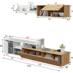 Salotto|Pareti Attrezzate > Dmora Parete soggiorno moderna 220cm legno e bianca - Aligator Bianco, Marrone Rovere Nodi