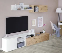 Salotto|Pareti Attrezzate > Dmora Parete soggiorno moderna 220cm legno e bianca - Aligator Bianco, Marrone Rovere Nodi