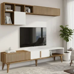 Salotto|Pareti Attrezzate > Dmora Parete soggiorno moderna 180cm noce e bianca - Ostro Bianco, Marrone Noce