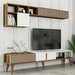 Salotto|Pareti Attrezzate > Dmora Parete soggiorno moderna 180cm noce e bianca - Ostro Bianco, Marrone Noce