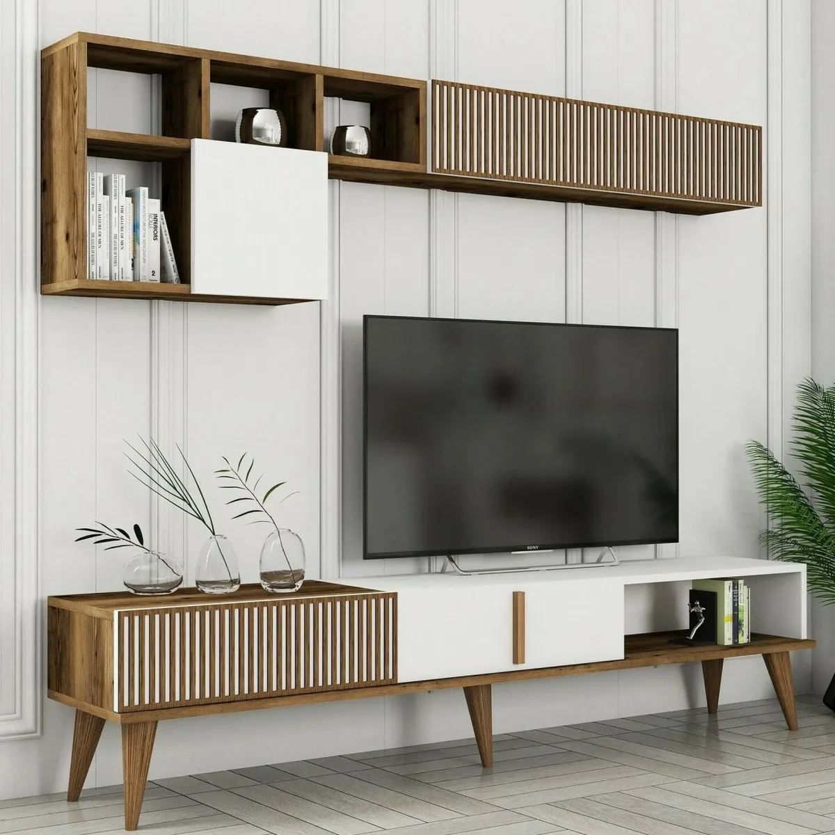 Salotto|Pareti Attrezzate > Dmora Parete soggiorno moderna 180cm noce e bianca - Ostro Bianco, Marrone Noce