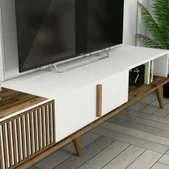 Salotto|Pareti Attrezzate > Dmora Parete soggiorno moderna 180cm noce e bianca - Ostro Bianco, Marrone Noce