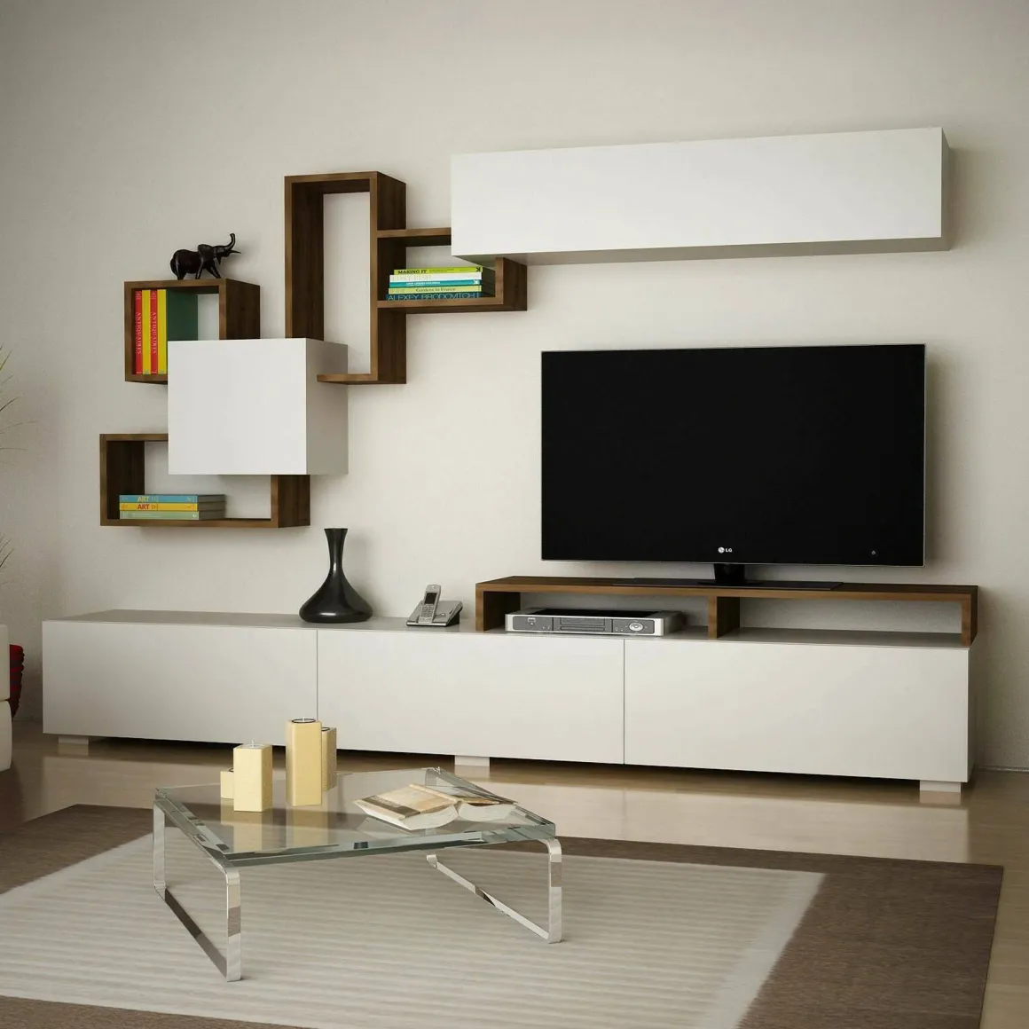 Salotto > Dmora Parete soggiorno multifunzione 240cm bianca lucida e acero - Granato Marrone Acero, Bianco Lucido