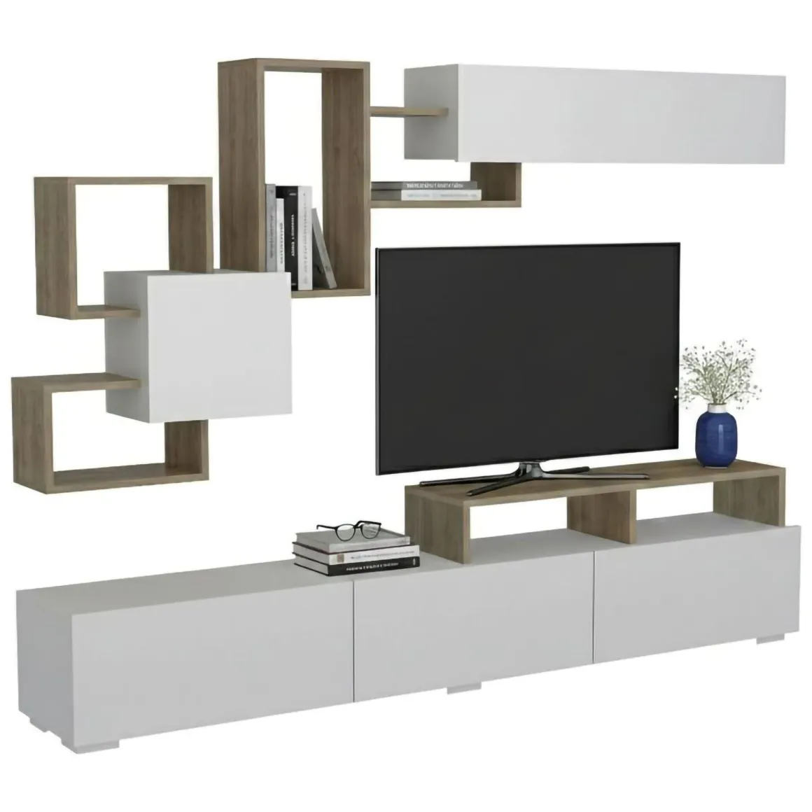 Salotto > Dmora Parete soggiorno multifunzione 240cm bianca lucida e acero - Granato Marrone Acero, Bianco Lucido
