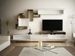 Salotto > Dmora Parete soggiorno multifunzione 240cm bianca lucida e acero - Granato Marrone Acero, Bianco Lucido