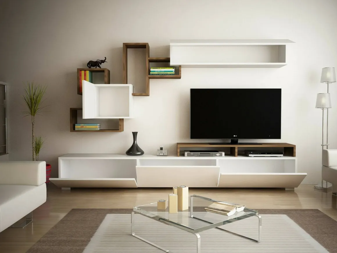 Salotto > Dmora Parete soggiorno multifunzione 240cm bianca lucida e acero - Granato Marrone Acero, Bianco Lucido