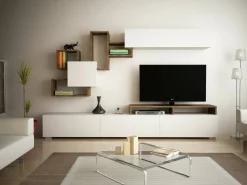 Salotto > Dmora Parete soggiorno multifunzione 240cm bianca lucida e acero - Granato Marrone Acero, Bianco Lucido