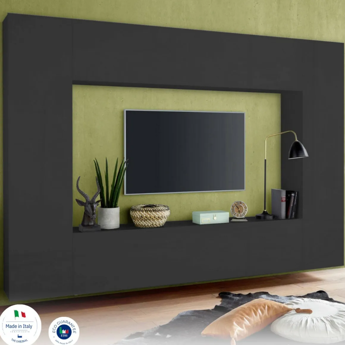 Salotto|Pareti Attrezzate > Dmora Parete soggiorno multifunzione 270cm antracite e rovere - Austis Marrone Rovere, Nero Antracite