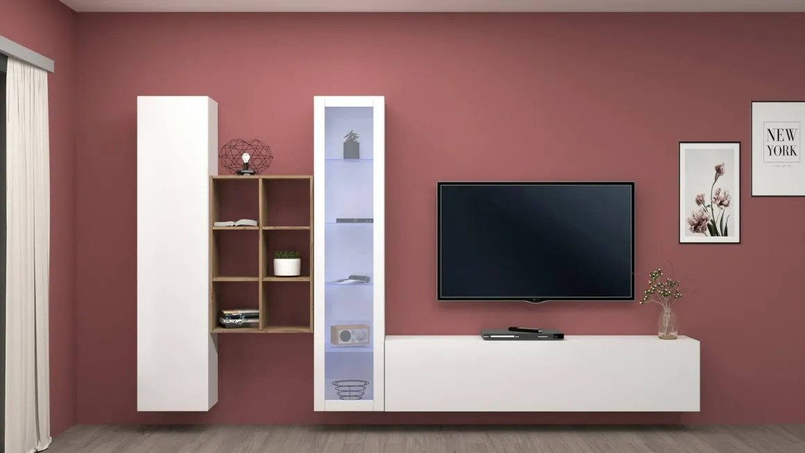 Parete soggiorno multifunzione 320cm bianca lucida - Ausonia