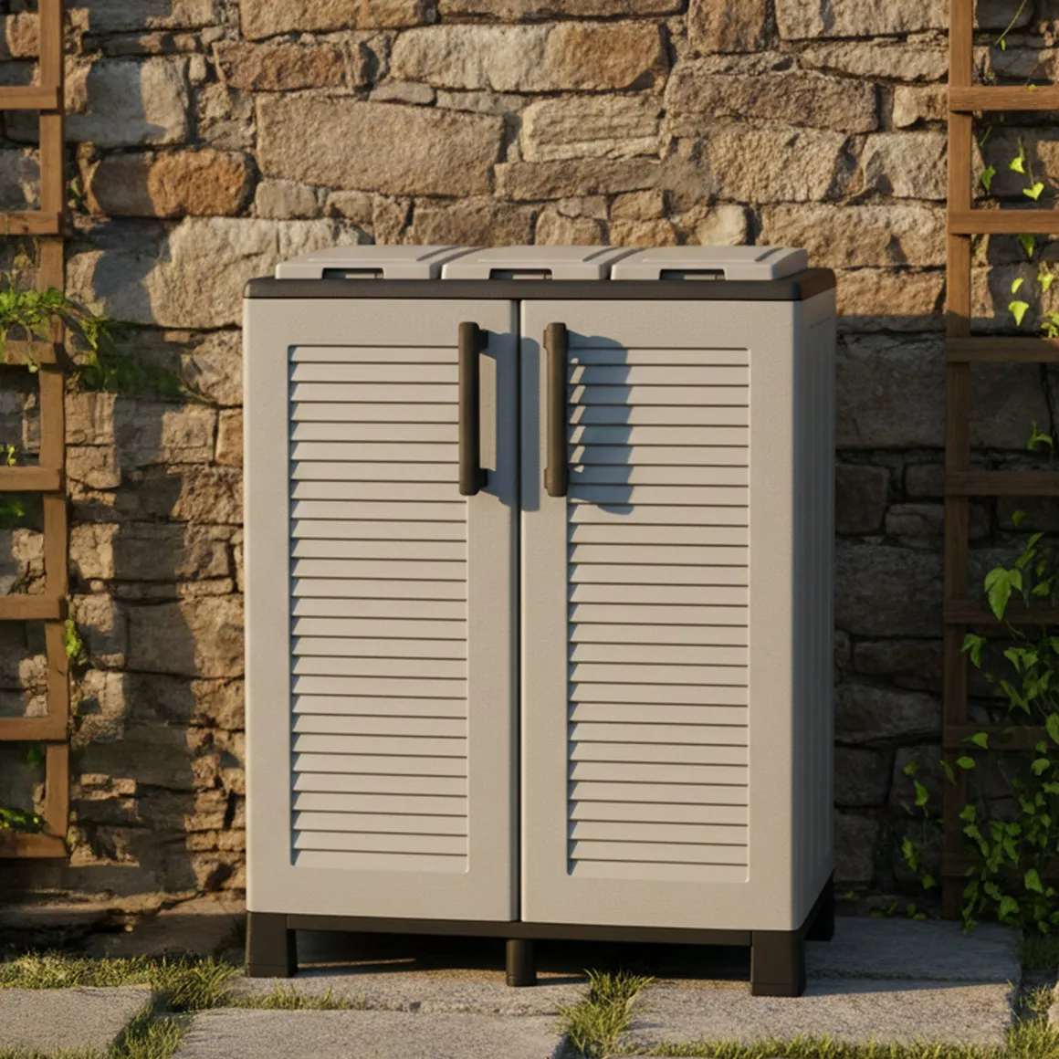 Pattumiera Grigio Chiaro Nero Capacità 210 (70 per Sacco) 3 Cestini 68x37x90h cm, Colore Struttura Nero Made in Italy - Tremolite