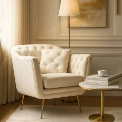 Poltrona Bianco Crema oro con Cuscino Braccioli 88x83x91h cm, Sfumatura Colore Struttura Crema - Turtuk