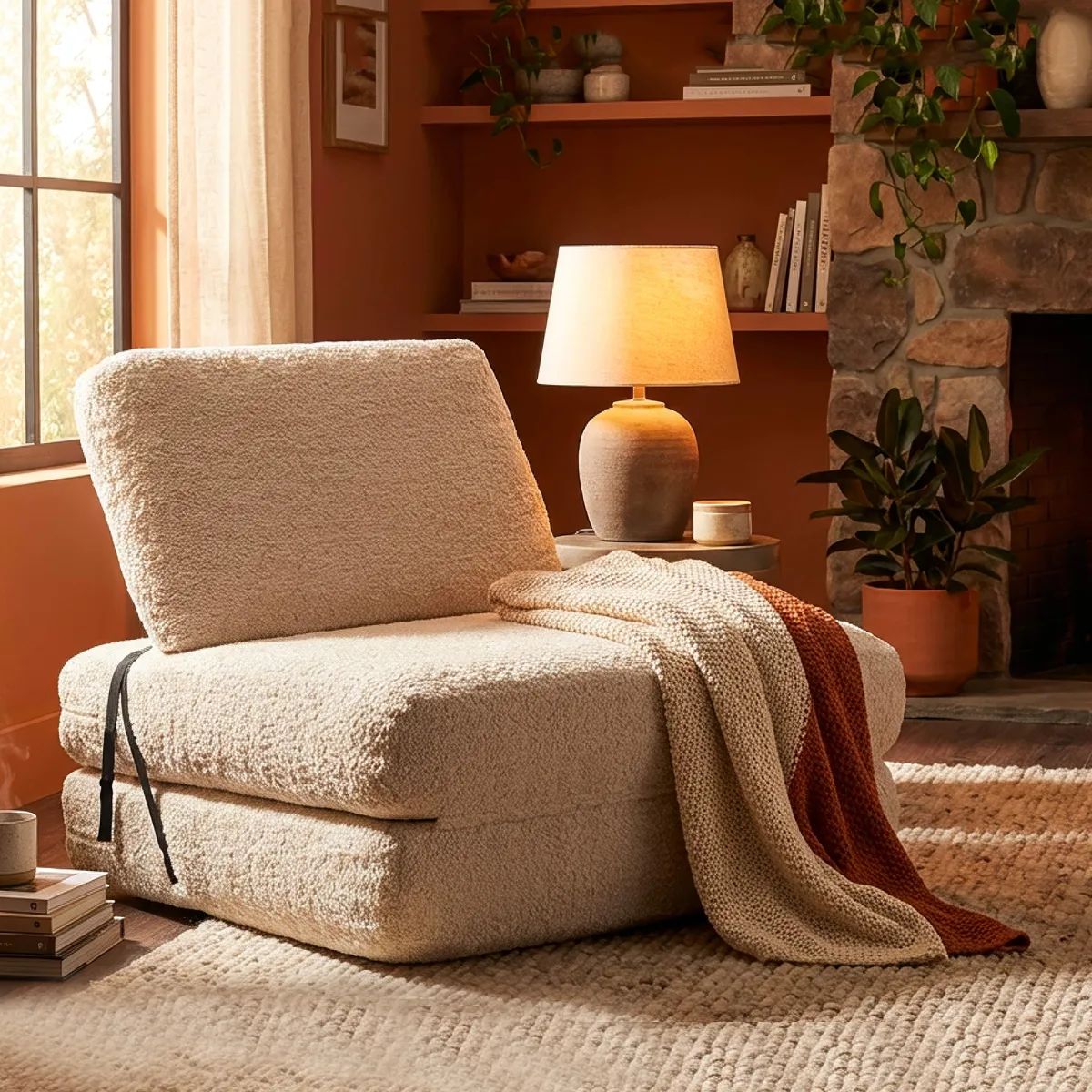 Poltrone > Dmora Poltrona Reclinabile Trasformabile in Letto, Rivestimento in Tessuto Bouclè 31x31x97h cm, Materiale Struttura in Tessuto - Abyane Bianco