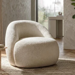 Poltrona Bianco Rivestimento in Tessuto Bouclè Braccioli 80x56x83h cm, Materiale Struttura in Tessuto - Nubra