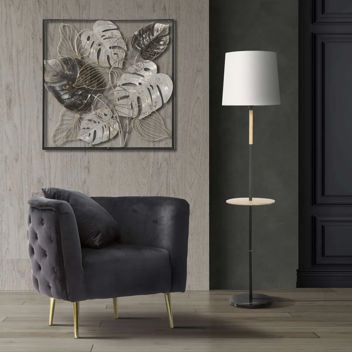 Poltrone > Dmora Poltrona Nero oro Rivestimento in Velluto Braccioli 76x74x71h cm, Materiale Struttura in Metallo - StIves Oro, Nero