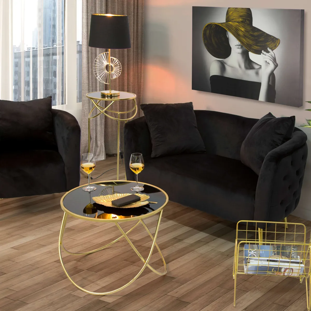 Poltrone > Dmora Poltrona Nero oro Rivestimento in Velluto Braccioli 76x74x71h cm, Materiale Struttura in Metallo - StIves Oro, Nero