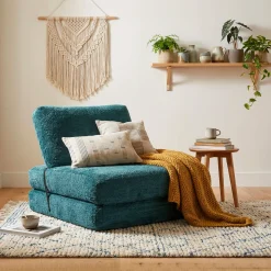 Poltrona Verde Petrolio Trasformabile in Letto, Rivestimento in Tessuto Bouclè Reclinabile 31x31x97h cm, Materiale Struttura in Tessuto - Abyane
