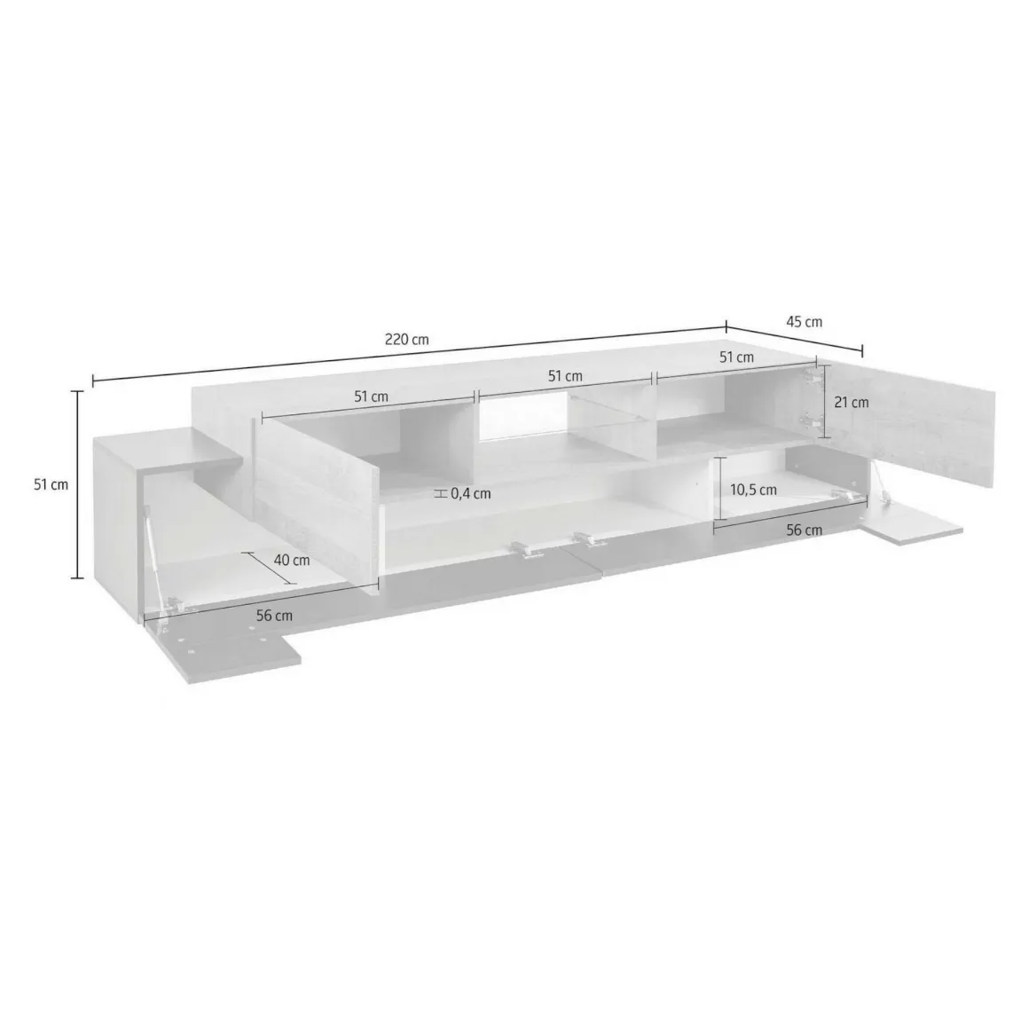 Porta TV antracite e acero 220x40x51h cm 4 ante - Amato