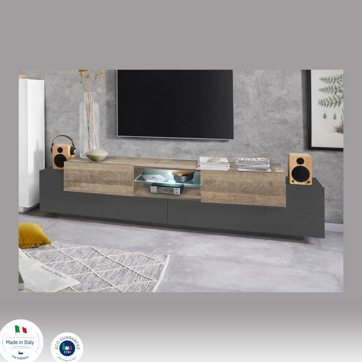 Porta TV antracite e acero 220x40x51h cm 4 ante - Amato