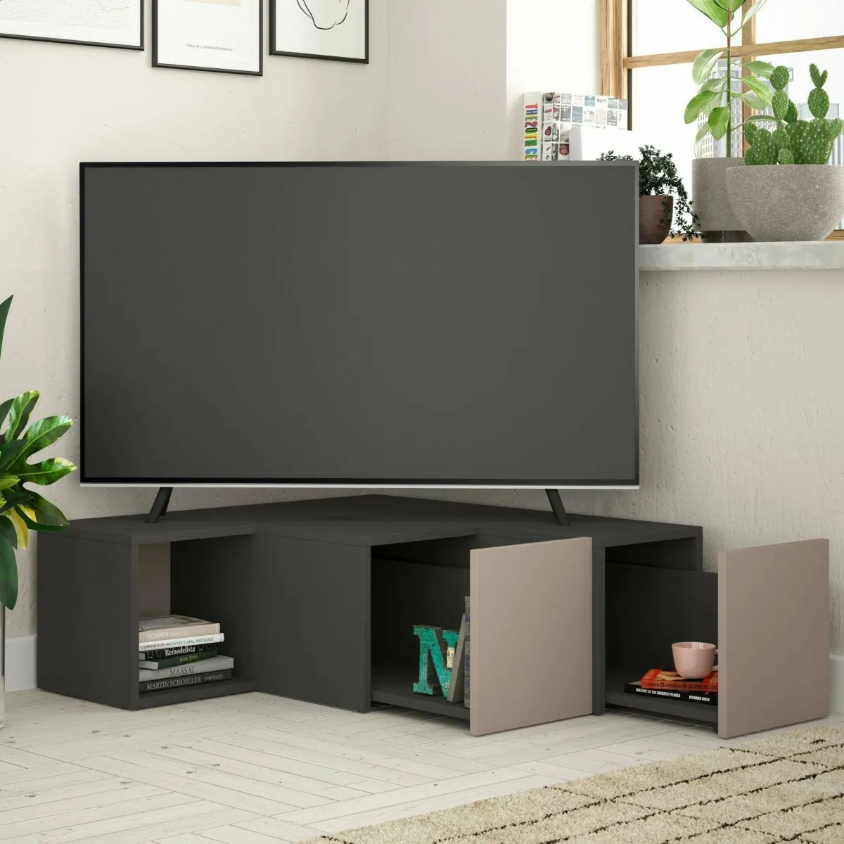 Mobili Porta Tv|Salotto > Dmora Porta TV antracite e beige 90x92x32h cm 2 ante e 2 cassetti - Fiorenza Beige, Nero Antracite